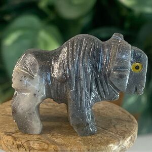 Grey BUFFALO Stone Carving Mini Figurine Steatite Soapstone Carved Animal 1.5"